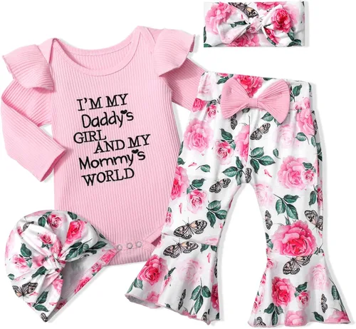 Ropa de bebé niña, 4 piezas, trajes de niña recién nacida, con volantes, mameluco de campana para bebé, diadema, bandana, conjuntos de ropa, regalos