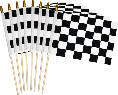 Miniatura 9 de 2 banderas a cuadros de 8 x 12 pulgadas, bandera de carreras en blanco y negro con palo de madera de 14.5 pulgadas, bandera de mano con parte