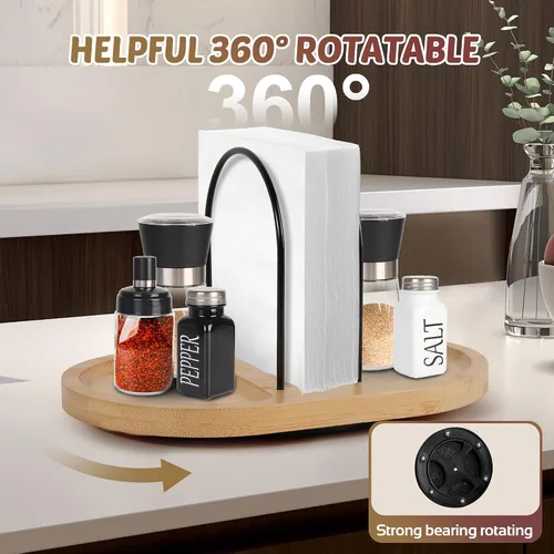 Miniatura 2 de Servilletero para mesa, dispensador giratorio con salero y pimentero, soporte de bambú, almacenamiento rústico de servilletas de metal para mesa