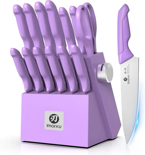 imarku® Juego de cuchillos de cocina, afilados con afilador integrado, juego de cuchillos de bloque de acero inoxidable y mango ergonómico Púrpura