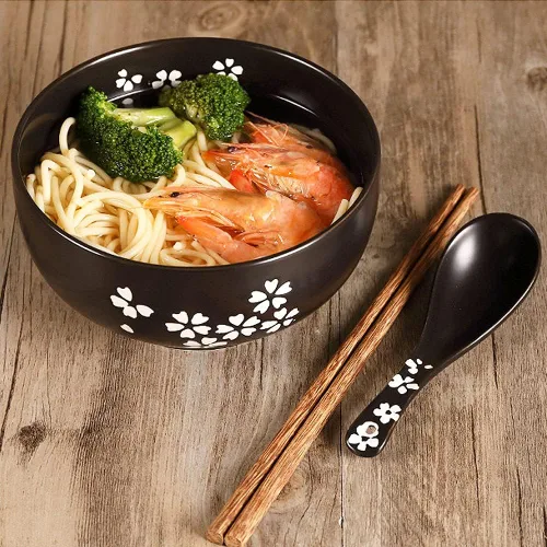 Miniatura 3 de WHJY Cuenco de cerámica negro con tapa, cuchara, palillos para sopa, arroz, fideos. Vajilla de estilo tradicional japonés.