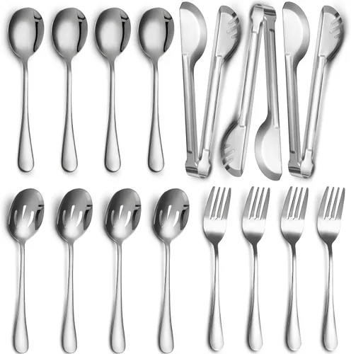 Miniatura 11 de Patelai Juego de 8 utensilios de acero inoxidable negro para servir, cucharas grandes de 8.7 pulgadas y cuchara ranurada, tenedores de 9.45
