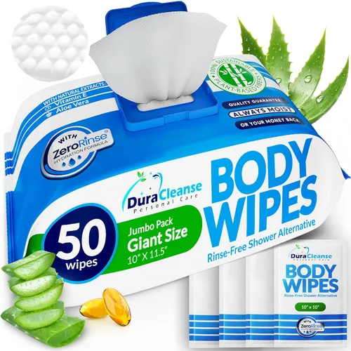 Dura Cleanse Toallitas Corporales XL para Adultos – Baño Sin Enjuague, 50 Unidades + 4 Hojas de Ducha de Viaje, Paños Desechables Gruesos de 10" x
