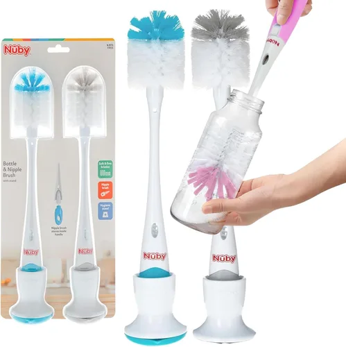 Nuby Cepillo para biberones y pezones con cerdas suaves y soporte | Paquete de 2: Azul y Gris | Cepillo de limpieza para biberones y pezones con