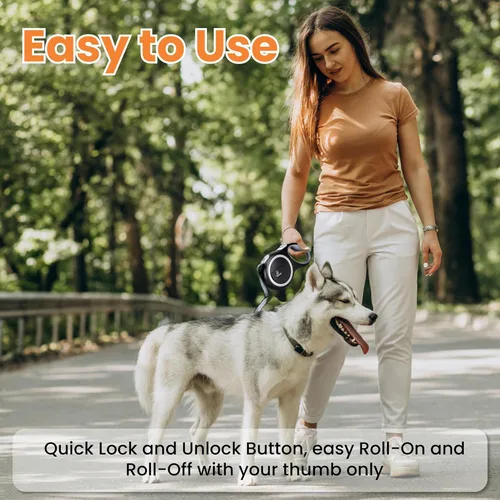 Miniatura 5 de Correa retráctil para perro, extensible hasta 16 pies, cinta de nailon resistente, sin enredos, freno y bloqueo con una sola mano, para perros