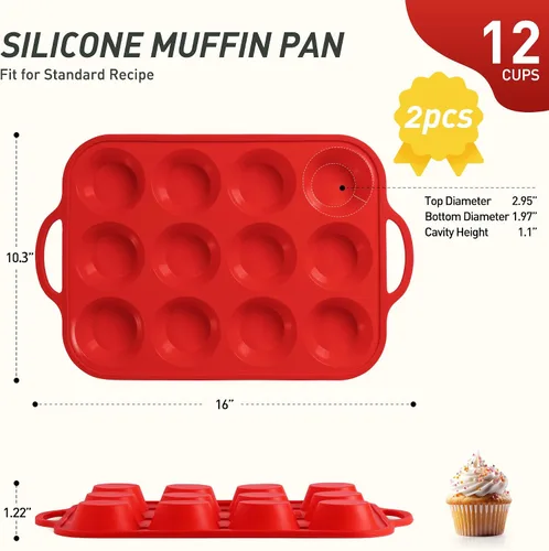 Miniatura 2 de 2 paquetes de 12 tazas de molde para magdalenas de silicona para hornear con marco reforzado de metal, molde para cupcakes de tamaño regular, molde