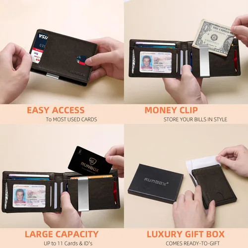 Miniatura 133 de RUNBOX - Carteras delgadas para hombre, cartera de piel con pinza para el dinero, cartera de bolsillo frontal con bloqueo RFID, tarjetero
