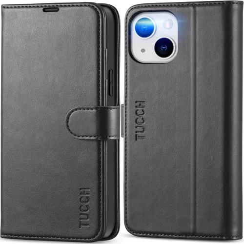 TUCCH Funda tipo cartera para iPhone 13 Mini, carcasa interior de TPU a prueba de golpes, piel sintética, bloqueo RFID, soporte para tarjeta de Negro