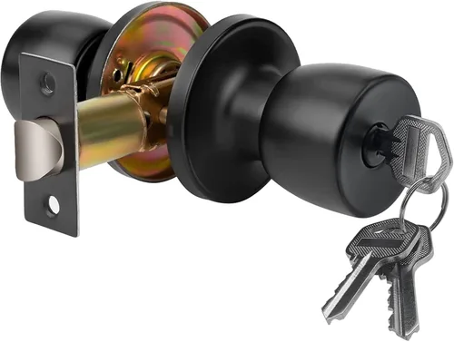 JO.KO Pomo de puerta con cerradura y llave, cerradura de bola redonda mate negra para puerta interior/exterior para dormitorio o baño/manija de