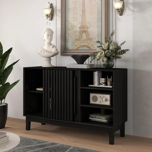 Miniatura 12 de Mesa consola estrecha de 39 pulgadas con puertas huecas, aparador moderno de mediados de siglo con 2 orificios de salida, gabinete de almacenamiento