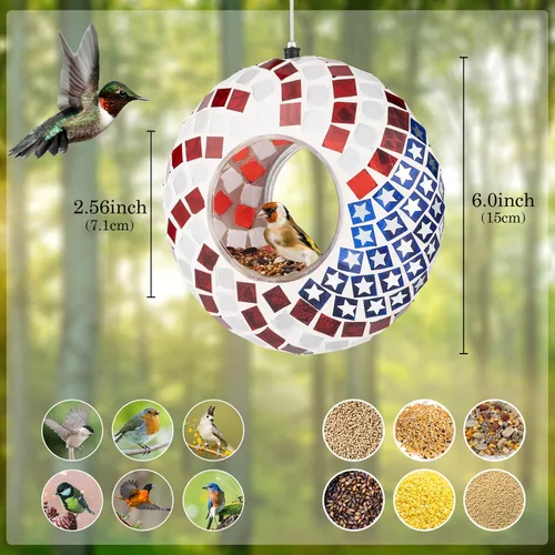 Miniatura 3 de Comedero para pájaros colgante de vidrio de Backyard Expressions - Patriótico - Comederos para pájaros con paso aéreo para exteriores, comedero