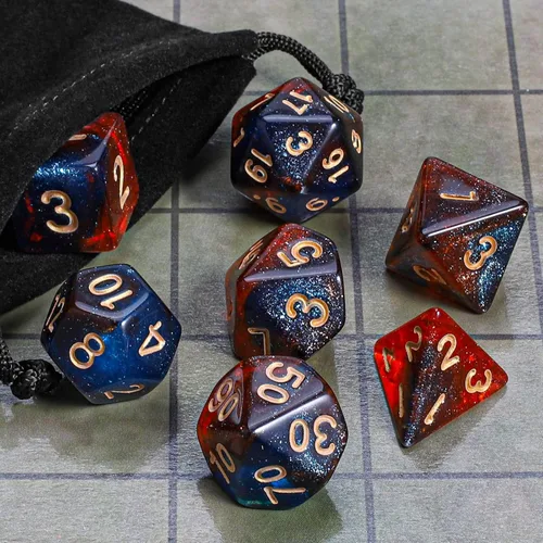 Miniatura 6 de CiaraQ DND - Juego de dados poliédricos con una bolsa de dados negra para juegos de mesa de rol D&D RPG MTG Rojo mezclado azul+purpurina