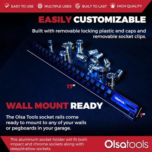 Miniatura 3 de Olsa Tools - Organizador de llaves de vaso de aluminio con tapas de extremo con candado - Accionamiento de 3/8 pulgadas - Raíles de soporte de Azul