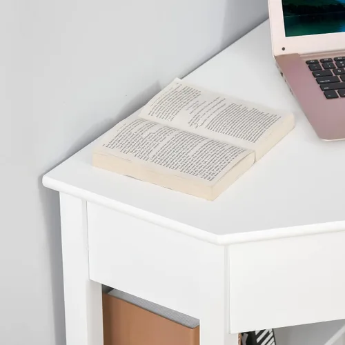 Miniatura 9 de HOMCOM Escritorio esquinero, escritorio triangular para computadora con cajón y estantes de almacenamiento para espacios pequeños, estación