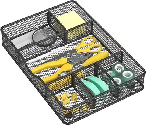 Miniatura 5 de VyGrow Bandeja organizadora de cajones de escritorio, organizador de cajones de malla metálica para oficina y hogar, 6 compartimentos ajustables, 2
