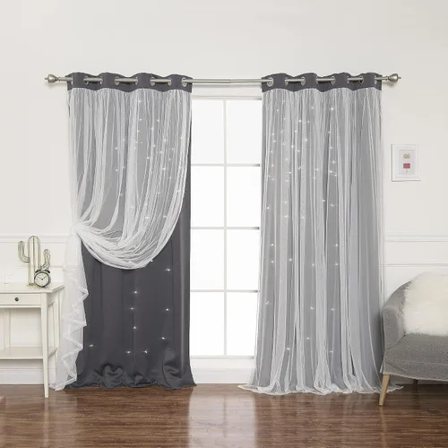 Miniatura 37 de Best Home Fashion Par de cortinas opacas con revestimiento de tul y corte láser, paneles de ventana con ojales plateados para dormitorio, habitación