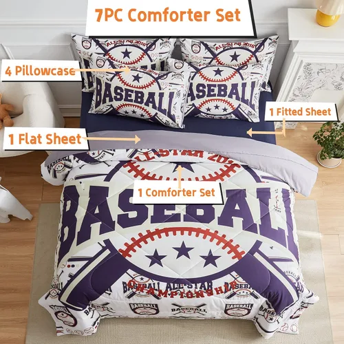 Miniatura 2 de Juego de edredón de béisbol para niños en una bolsa tamaño full, juego de ropa de cama de 7 piezas con dibujos animados de béisbol