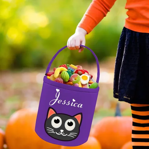 Miniatura 5 de Cubo personalizado de Halloween con nombre, cesta de dulce o truco de Halloween, regalo personalizado para niños y niñas, color negro