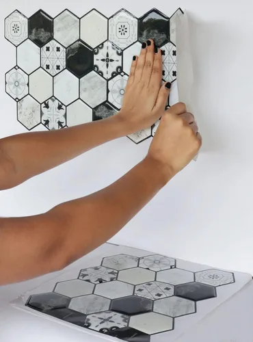 Miniatura 6 de MOSAICOWALL Azulejos autoadhesivos para salpicaduras (juego de 10 azulejos) (negro y blanco)