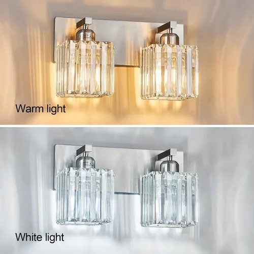 Miniatura 4 de Lámpara de tocador moderna de 2 luces de níquel cepillado, lámpara de tocador de cristal, luz de pared de baño, accesorios de iluminación de baño