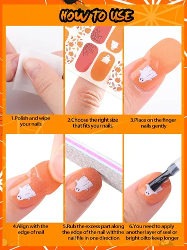 Miniatura 7 de EBANKU 14 calcomanías adhesivas de esmalte de uñas de Halloween, lindos murciélagos fantasmas, telarañas, tiras de uñas de esqueleto, con lima