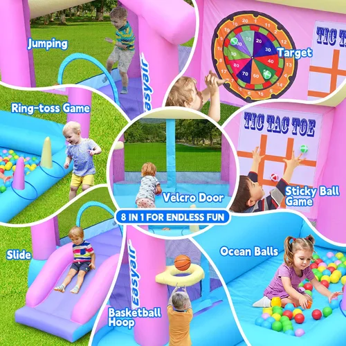 Miniatura 3 de Casa inflable para saltar para niños de 3 a 10 años, castillo hinchable de 123" L x 110", para saltar, con tobogán, aro de baloncesto, fosos