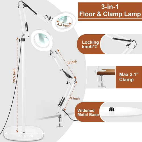 Miniatura 8 de LANCOSC 10X Lupa con luz y soporte, lámpara de pie oscilante ajustable 3-en-1, 5 modos de color, atenuación sin escalones, lupa manos libres con luz