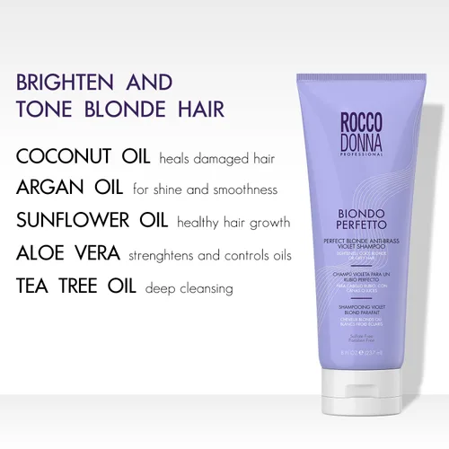 Miniatura 4 de Rocco Donna Biondo Perfetto - Champú morado, neutraliza los tonos latones y amarillos, para cabello rubio, plateado, platino y gris, pigmentos