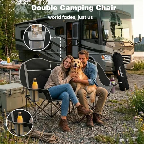 Miniatura 7 de SUNNYFEEL Silla de campamento doble portátil plegable para 2 adultos, sofá de campamento de gran tamaño resistente de 600 libras con portavasos