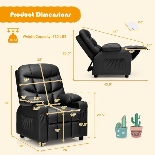 Miniatura 3 de Costzon Silla reclinable para niños con soporte para tazas, silla de salón de cuero ajustable con reposapiés y bolsillos laterales para habitación