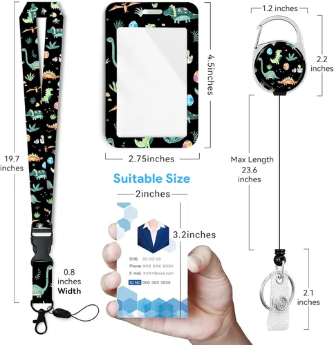 Miniatura 2 de Lindo soporte para insignia de dinosaurio con carrete retráctil y cordón separable, clips de insignia, carrete retráctil de alta resistencia