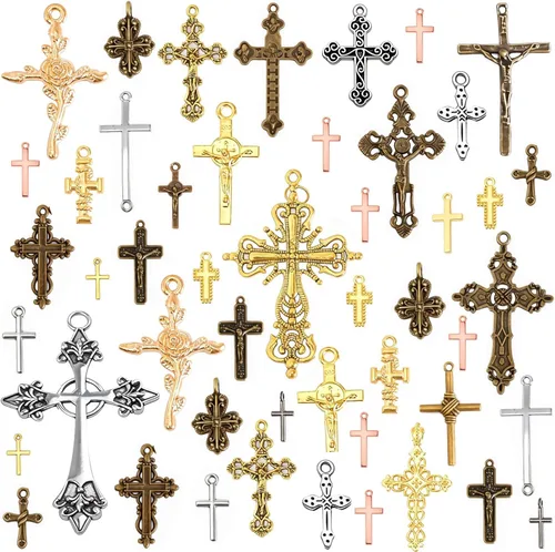 stino 100 gramos de dijes de metal para hacer joyas, chapados en plata y oro, paquete a granel para pulseras, collares, manualidades Cruz de colores