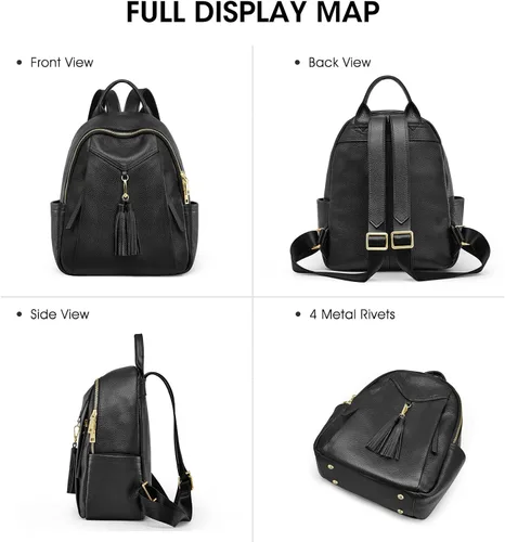 Miniatura 5 de Kattee Mochila de cuero genuino para mujer, suave, casual, bolsa de viaje de moda con cartera de muñeca, Negro