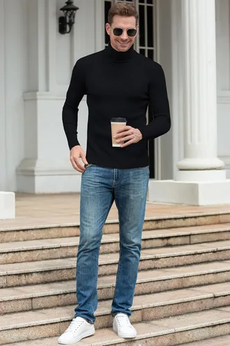 Miniatura 6 de QZH.DUAO - Suéteres informales de cuello alto para hombre, diseño entallado de punto trenzado, manga larga, sin botones