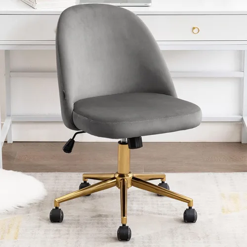 DUHOME Bonita silla de oficina en casa sin brazos, silla giratoria de terciopelo tapizada para computadora con respaldo y base dorada, silla de