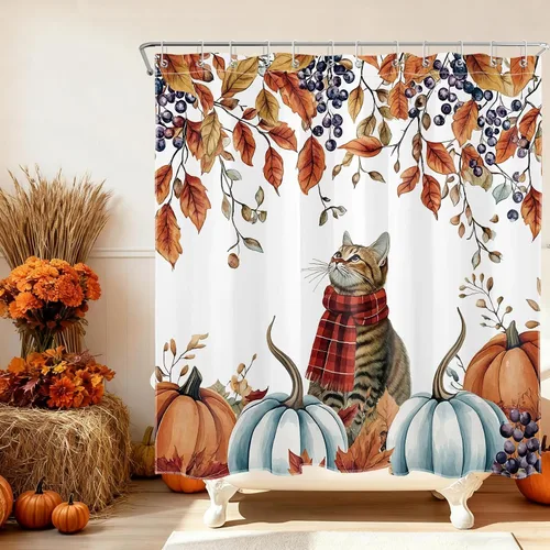 Miniatura 32 de LB Cortina de ducha de otoño para baño, divertido gato negro con fantasma en la bañera en el bosque de otoño, cortina de ducha de tela de cosecha