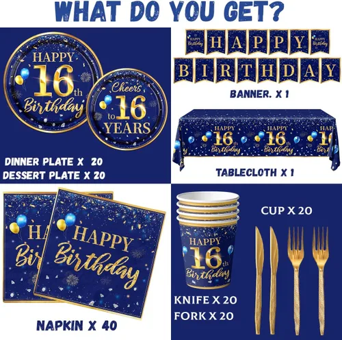 Miniatura 6 de Decoración de cumpleaños número 16 para hombres - Juego de 142 piezas de vajilla azul marino y dorada para cumpleaños (sirve para 20) Incluye