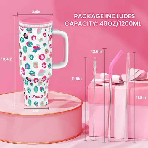 Miniatura 7 de Zukro - Vaso de 40 oz con asa y pajita, tapa roscada con orificio ancho para pajita, taza de acero inoxidable aislada que cabe en el portavasos