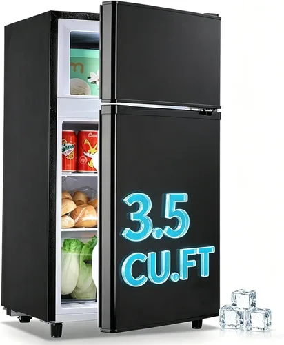WANAI - Mini refrigerador con congelador de puerta doble pequeña, refrigerador con congelador en la parte superior, color negro con termostato