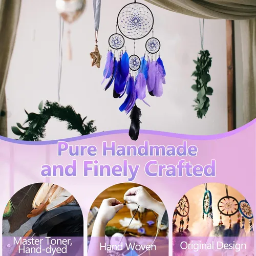 Miniatura 4 de Atrapasueños de color azul estrellado, plumas de ganso con multianillo, hecho a mano, gran atrapasueños para dormitorio, atrapasueños para niñas