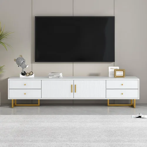 Miniatura 2 de BROVAVE 71" Wave Groove TV Stand, Entertainment Center with Metal Handles, TV Media Console with Cable Storage Hole for Living Room, White Negro