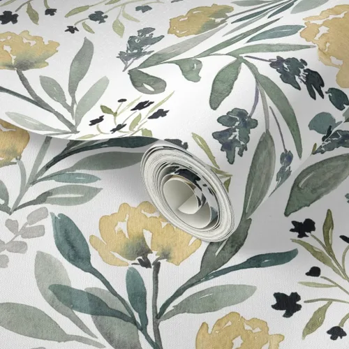 Miniatura 2 de Spoonflower Papel tapiz para despegar y pegar, diseño floral amarillo, flores botánicas, jardín, moderno, cuarto de bebé, boda, papel tapiz