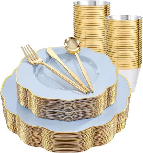 Miniatura 12 de bUCLA 180 piezas platos de plástico azul - azul marino y borde dorado desechables incluye 30 de cada uno (cena y postre) platos, 30 cuchillos, 30