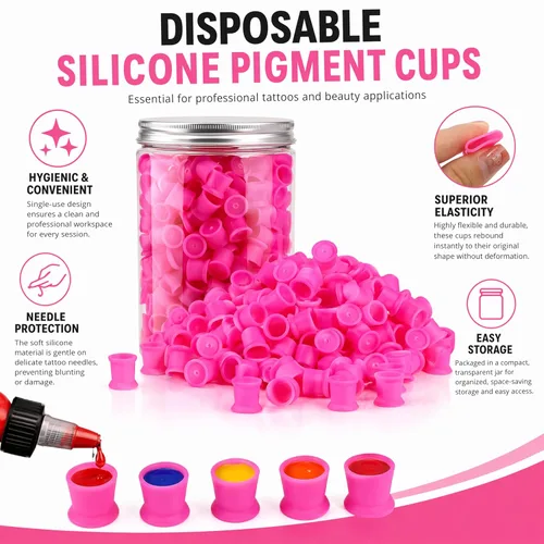 Miniatura 5 de Vasos de tinta de tatuaje, 300 piezas desechables de tinta de tatuaje, tapas de pigmento de silicona permanentes, recipientes de pigmento para Rosa