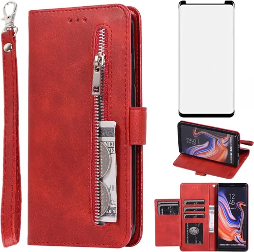 Asuwish Compatible con Samsung Galaxy Note 9 - Funda tipo cartera de vidrio templado, protector de pantalla de cuero, soporte para tarjetas,