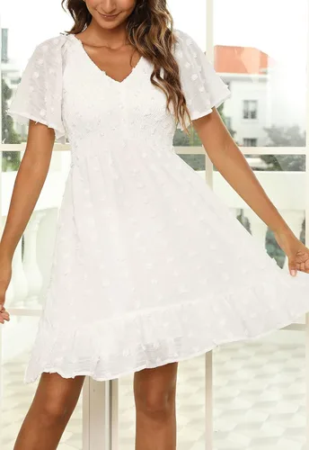 Miniatura 4 de Annebouti Vestido de verano 2024 para mujer, manga cortalarga, dobladillo con volantes, cuello en V y lunares suizos