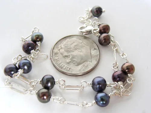 Miniatura 4 de Genuine Black Pearl Sterling Silver Anklet: handmade, dainty, adjustable length 9-10 inches