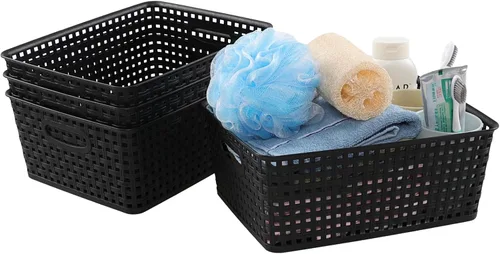 Miniatura 2 de Cestas de almacenamiento de tejido de plástico, cestas de plástico para estantes, color negro, 4 paquetes