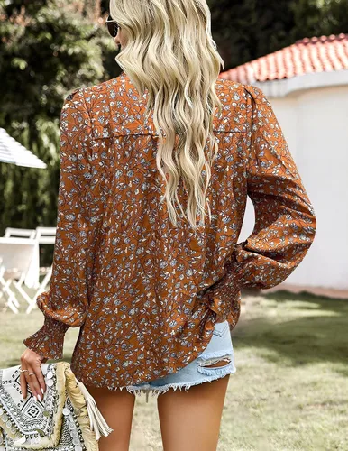 Miniatura 2 de HOTOUCH Blusas de manga larga para mujer, estilo bohemio, estampado floral, estilo casual, cuello en V, plisadas, con cordón ajustable