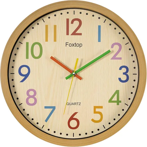 Miniatura 13 de Foxtop Reloj de pared silencioso para niños, funciona con pilas, sin tictac, reloj colorido para niños, para aula, sala de juegos, habitación